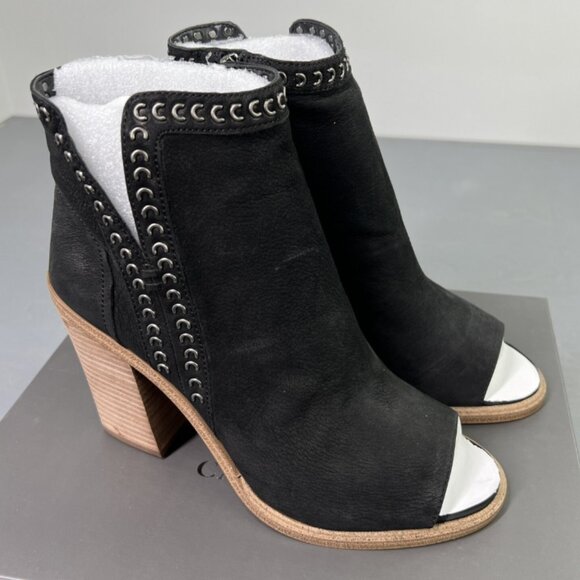 Vince Camuto KEMELLY Ankle Boots Black Tumbled Nubuck Suede Heels Peep Toe NEW - Picture 1 of 10